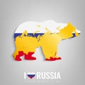 National Russia symbol Bear with an official flag and map silhouette. Russian Federation. Vector