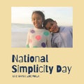 National simplicity day, live simply text with happy biracial brother and sister on sunny beach