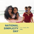 National simplicity day, live simply text with happy biracial parents piggybacking children on beach