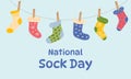 National Sock Day. Various type of colorful woolen knitted socks hanging