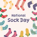 National Sock Day. Various type of colorful woolen knitted socks.