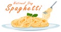 National Spaggetti Day. Spaghetti on a plate. Spaghetti fork