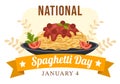 National Spaghetti Day on 4th January with a Plate of Italian Noodles or Pasta Different Dishes in Flat Cartoon Illustration Royalty Free Stock Photo