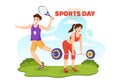 National Sports Day Vector Illustration with Sportsperson from Different Sport in Flat Cartoon Hand Drawn Landing Page Background