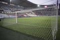 National Stadium of Peruvian soccer, with footbal goal-golalpost- Concept of sport, with grass without players on the field, and