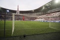 National Stadium of Peruvian soccer, with footbal goal-golalpost- Concept of sport, with grass without players on the field, and