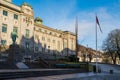 The National Stage in Bergen with a statue of Henrik Ibsenon a sunny day in winter