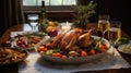 National Sunday Supper Month: A family-style dining table set with a roasted chicken, vegetables, and all the fixings Royalty Free Stock Photo