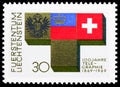 National symbols of Austria, Liechtenstein and Switzerland, 100 years of telegraphy in Liechtenstein serie, circa 1969 Royalty Free Stock Photo