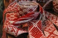 National symbols of Latvia. Closeup of Lielvarde belt stock photo. Latvian folk costumes belt. Red and grey