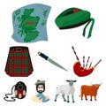 National symbols of Scotland. Scottish attractions. Scotland country icon in set collection on cartoon style vector