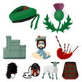 National symbols of Scotland. Scottish attractions. Scotland country icon in set collection on cartoon style vector