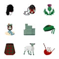 National symbols of Scotland. Scottish attractions. Scotland country icon in set collection on cartoon style vector