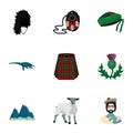 National symbols of Scotland. Scottish attractions. Scotland country icon in set collection on cartoon style vector