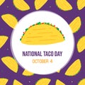 National Taco Day greeting card, illustration with cute cartoon style taco with vegetables and pattern background Royalty Free Stock Photo