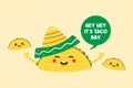 National Taco Day greeting card, illustration with cute and funny cartoon style taco characters. October 4 Royalty Free Stock Photo