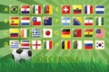 National Team Flags for soccer 2014 on grass background and soccer ball 32 nations Royalty Free Stock Photo