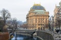 Prague National Theater is located on the Vltava Embankment. A star-blue dome is crowned with a golden crown. From the embankment Royalty Free Stock Photo