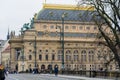 Prague National Theater is located on the Vltava Embankment. A star-blue dome is crowned with a golden crown. From the embankment Royalty Free Stock Photo