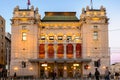 National theatre in Belgrade, Serbia; Dusk over Belgrade and national theatre lights turn on