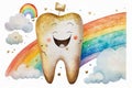 National Tooth Fairy Day. Tooth fairy with a golden crown and magic rainbow isolated on white background.