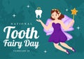 National Tooth Fairy Day Vector Illustration with Little Girl to Help Kids for Dental Treatment Fit in Flat Cartoon Background