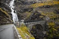 Bridge over Stigfossen waterfall, Trollstigen mountain road, Raum, Vestland, Norway. Royalty Free Stock Photo