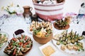 National traditional buffet table with alcohol and snacks at the wedding celebration Royalty Free Stock Photo