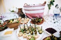 National traditional buffet table with alcohol and snacks at the wedding celebration Royalty Free Stock Photo