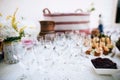 National traditional buffet table with alcohol and snacks at the wedding celebration Royalty Free Stock Photo