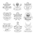 National Traditional Mexican Cuisine Restaurant Hand Drawn Black And White Sign Design Template Collection With Cultural