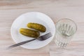 National trait is unhealthy:faceted glass Russian vodka on a white table, a couple of cucumbers laying on the plate, the plug is Royalty Free Stock Photo