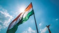 The National Tricolor Flag of India is waving against a blue sky. Banner for Indian Independence Day national holiday Royalty Free Stock Photo