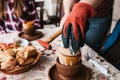 The national Turkish dish in the pot that is broken before use is called Testi-kebab. The cook breaks the pot with a Royalty Free Stock Photo