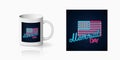 National united states holiday design, banner in neon style on mug mockup. Happy memorial day glowing neon sign design