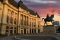 National University Library and King Carol I statue in Bucharest, Romania Royalty Free Stock Photo