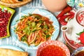 National Uzbek salad of tomatoes, cucumbers, greens and bell pepper, dressed with sauce Royalty Free Stock Photo