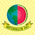 National Watermelon Day. August. Vector. Planet with a slice with seeds and sunbeams