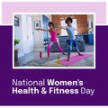 National women's health and fitness day text with african american mother and daughter doing yoga Royalty Free Stock Photo