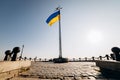 National Yellow-blue Ukrainian flag against the blue sky on mound of Union of Lublin at Castle Hill in Lviv city, Ukraine Royalty Free Stock Photo