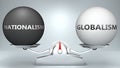 Nationalism and globalism in balance - pictured as a scale and words Nationalism, globalism - to symbolize desired harmony between