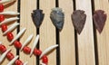 Native American Arrowheads and Beaded Necklace With Coyote Teeth Royalty Free Stock Photo