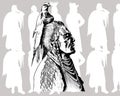 Native American with a bird on his head on a background of silhouettes.