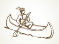 Native American in a canoe. Vector drawing