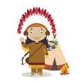 Native american cartoon character with a typical tepee. Vector Illustration.