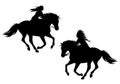 Native American Chief And Indian Woman Riding Galloping Horse Black Vector Silhouette Set