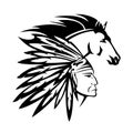 Native american chief and mustang horse black and white vector head portrait Royalty Free Stock Photo