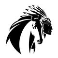 Native american chief and mustang horse black and white vector portrait design Royalty Free Stock Photo