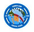 Native American chief profile with headdress in a survival camp logo. Badge with forest, axe, and established date