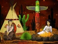 Native american children, teepee at night